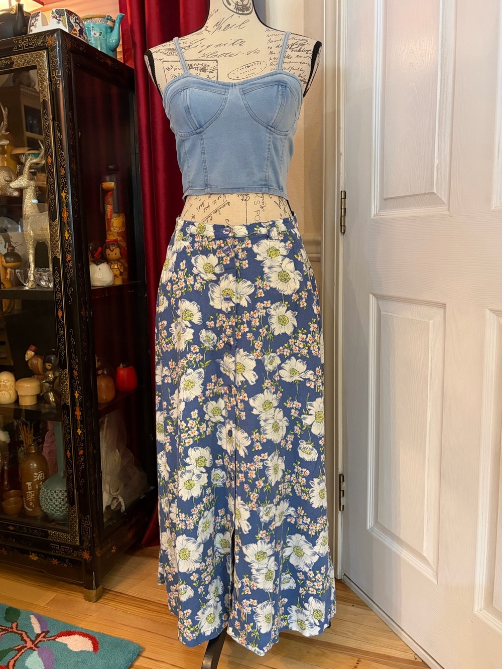 Vintage Liz Wear Blue Floral Button down Linen Blend Maxi Skirt